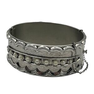 Whiting & Davis silver tone faux pearl wide hinged clamper bracelet vintage